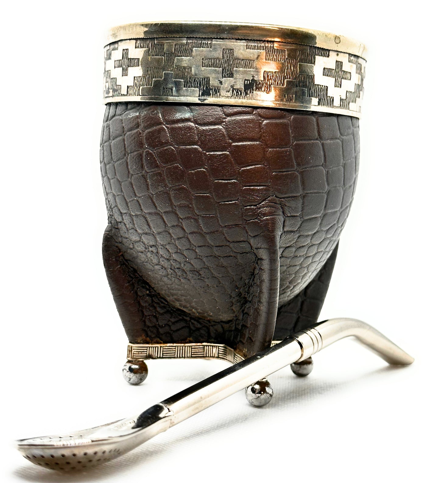 Mate Cup Argentino Imperial Con Base Croco chocolate.(With Straw)