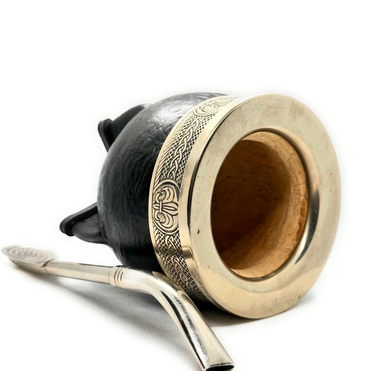 Mate Cup Argentino Imperial Negro Floreado sin base.(With Straw)