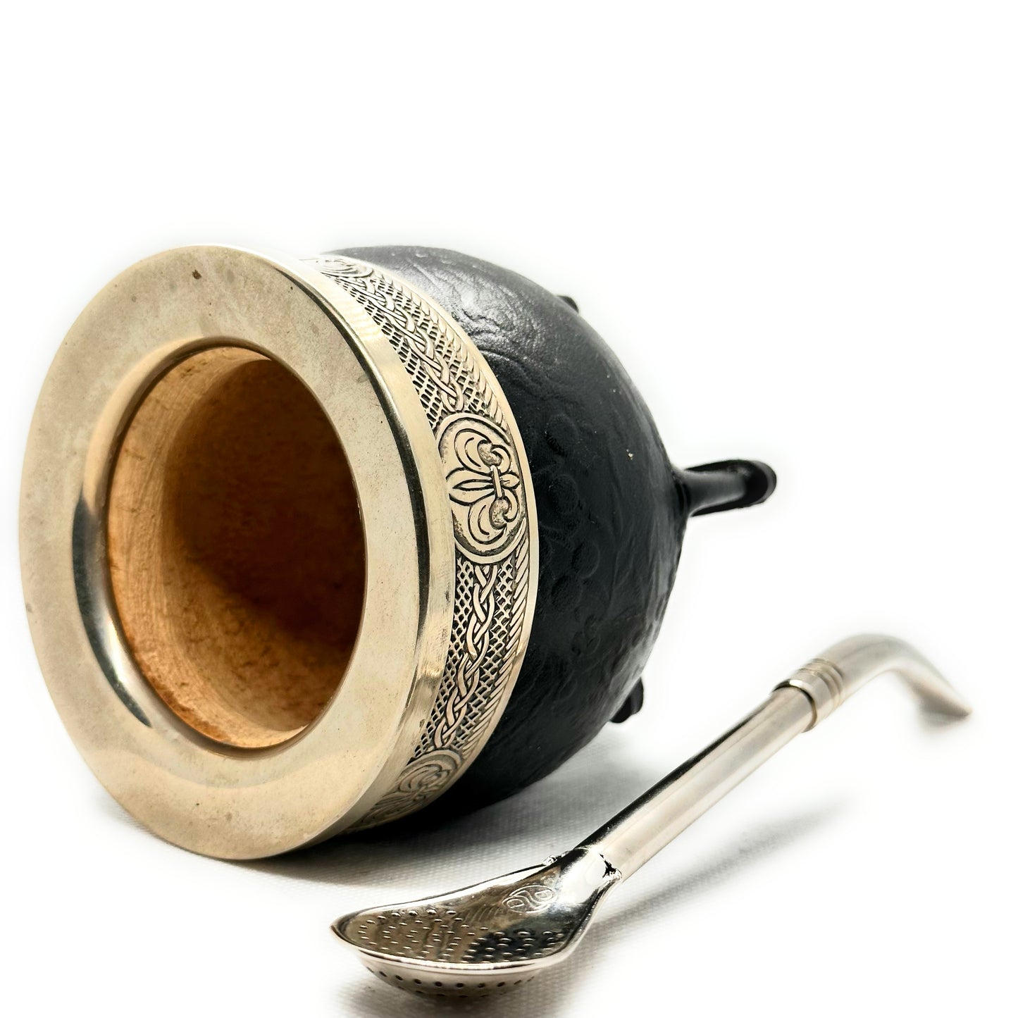 Mate Cup Argentino Imperial Negro Floreado sin base.(With Straw)
