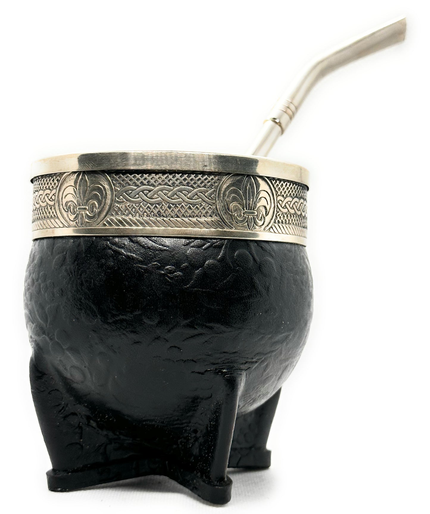 Mate Cup Argentino Imperial Negro Floreado sin base.(With Straw)
